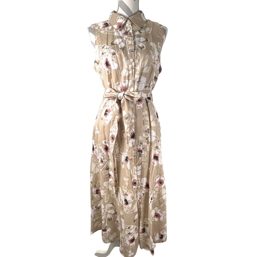 Tommy Hilfiger Womens Floral Linen Blend Midi Tank Shirtdress Tan Size 12